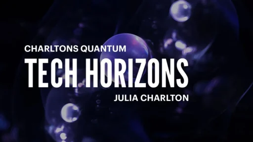 Tech horizons podcast by charltons text. with creative abstract background image